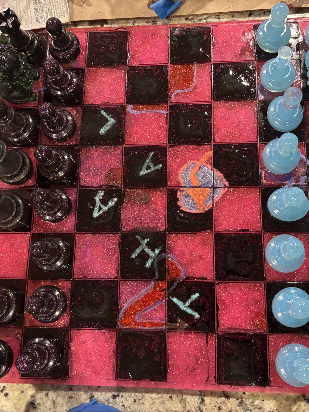 Handmade Glitter Resin Chess Set - Pink and Black with Light Blue Pieces